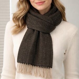 Amicale 100% Wool Scarf Brown Herringbone Short Fringe Winter Classic